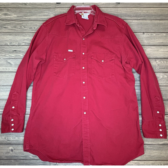 VTG Carhartt Western Shirt Mens 18 X 36 XL Red Pearl Snap Canvas 90s Work Rugged - Picture 1 of 7